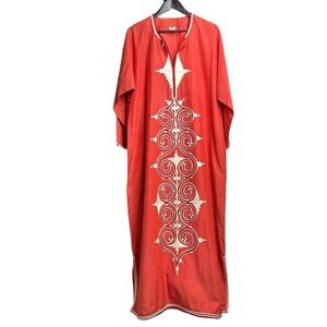 El Abadi Size XL Caftan Brick Red Ornate Embroidered Cotton Tunic Desert Prayer